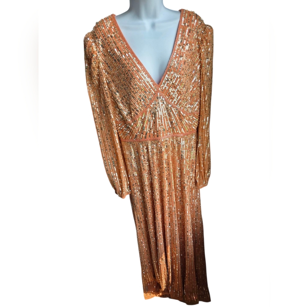 NWOT $598 Mac Duggal Peach V Neck Empire Waist Puff Shoulder Sequin Gown Size 14